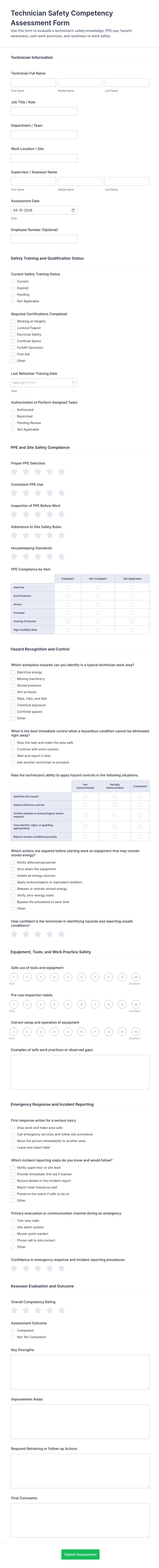 Technician Safety Competency Assessment Form Template | Jotform