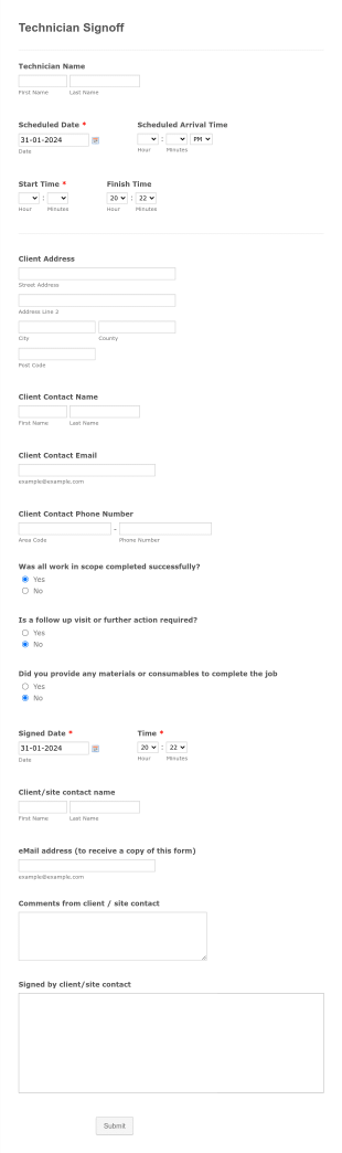 Technician Signoff Form Template