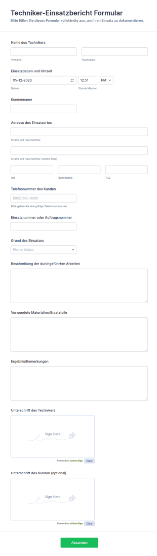 Techniker Einsatzbericht Formular