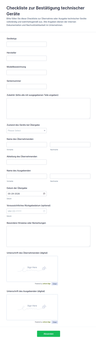 Technische Gerätebestätigung Formular