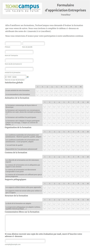 TechnoCampus | Entreprises | Formulaire D’appréciation Du TRAVAILLEUR Cadre Form Template