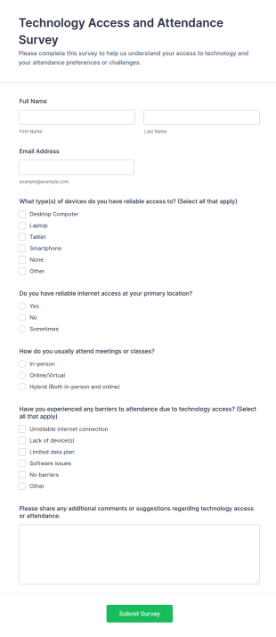 Technology Access And Attendance Survey Form Template