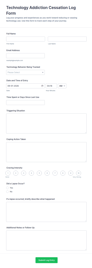 Technology Addiction Cessation Log Form Template