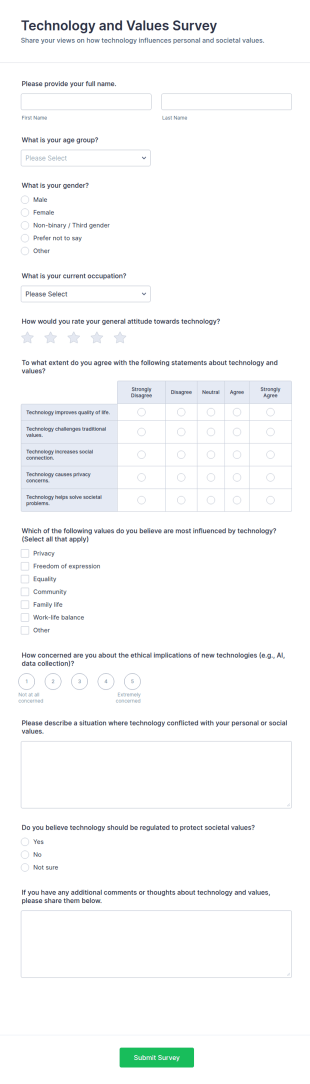Technology And Values Survey Form Template