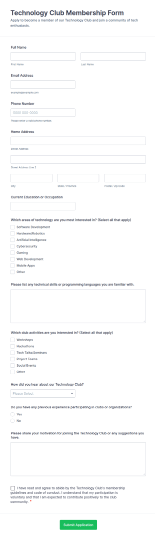 Technology Club Membership Form Template
