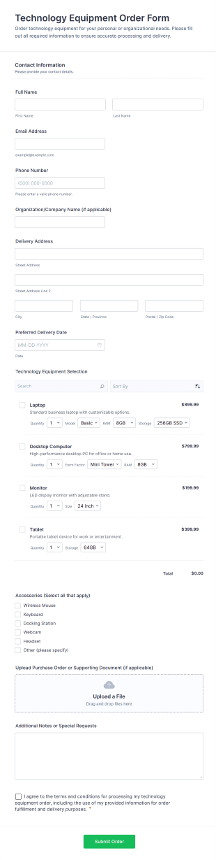 Technology Equipment Order Form Template
