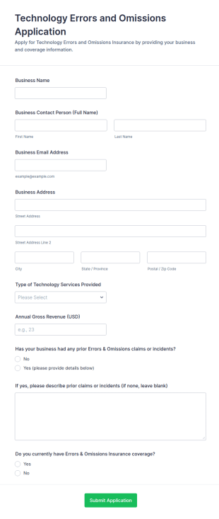 Technology Errors And Omissions Application Form Template