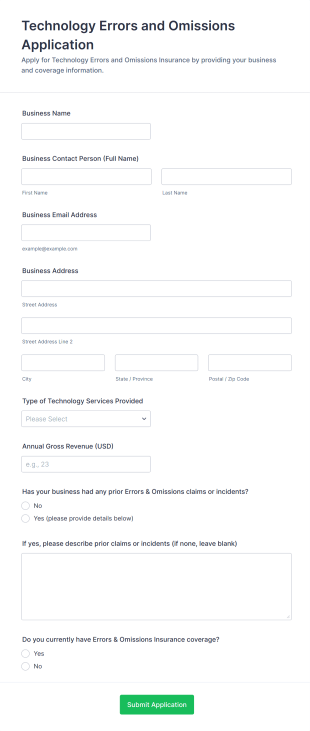 Technology Errors And Omissions Application Form Template