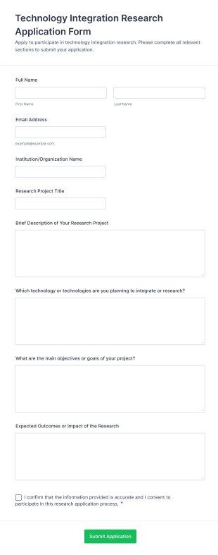 Technology Integration Research Application Form Form Template