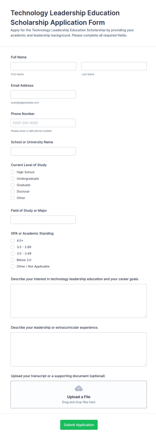 Technology Leadership Education Scholarship Application Form Template