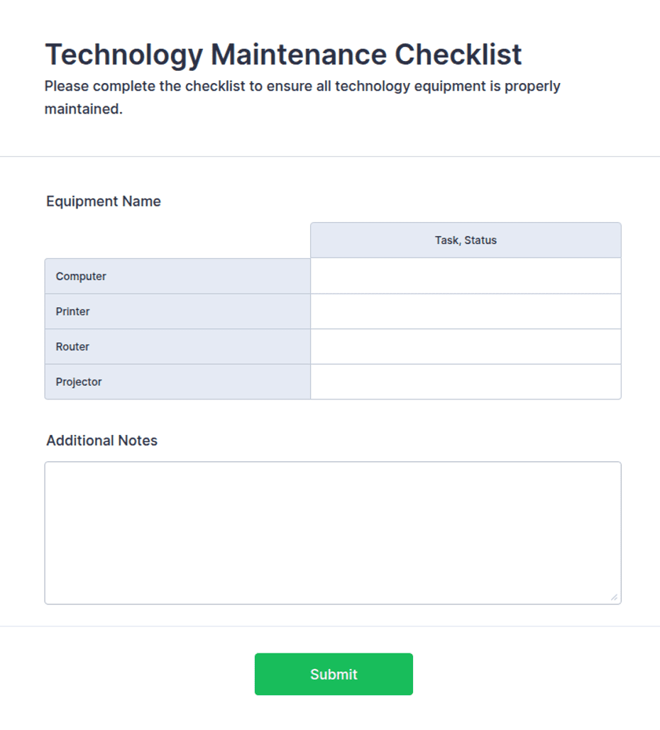 Weekly Tech Check Technology Maintenance Checklist Form Template | Jotform