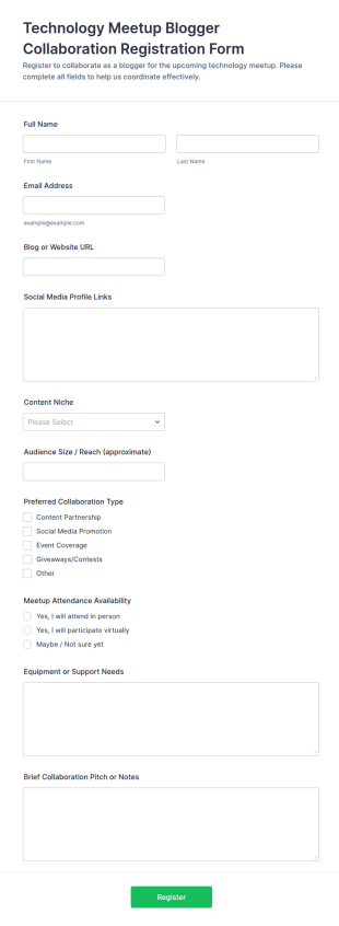 Technology Meetup Blogger Collaboration Registration Form Template