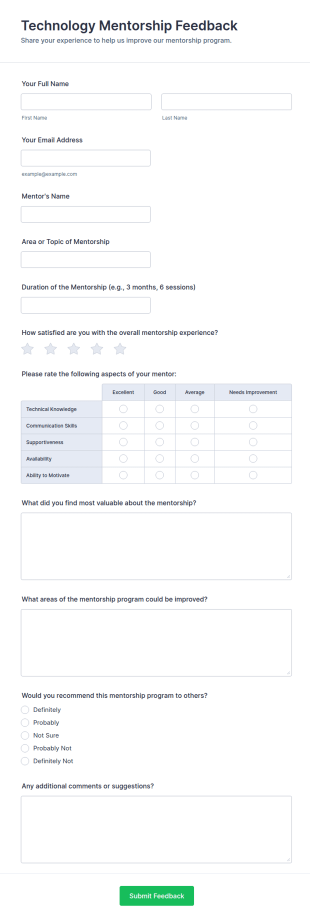Technology Mentorship Feedback Form Template