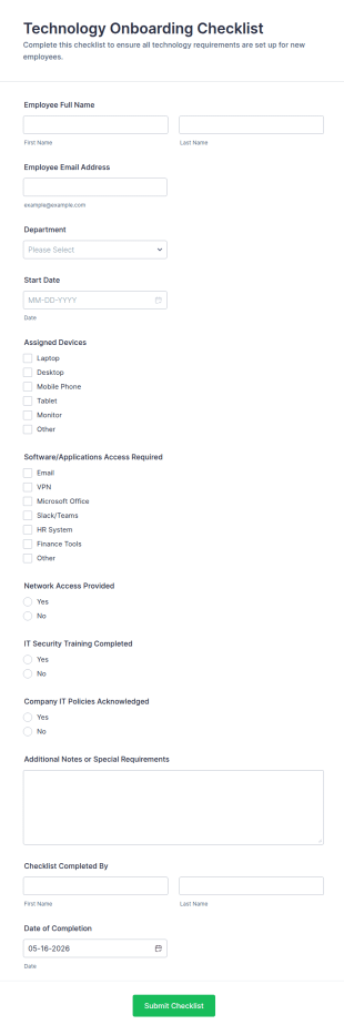 Technology Onboarding Checklist Form Template