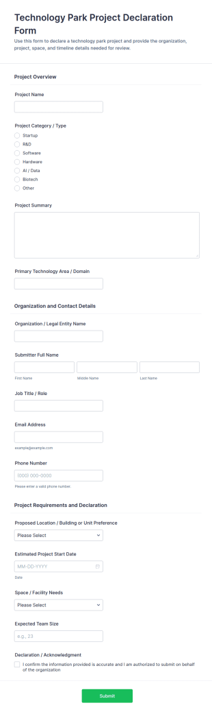 Technology Park Project Declaration Form Template