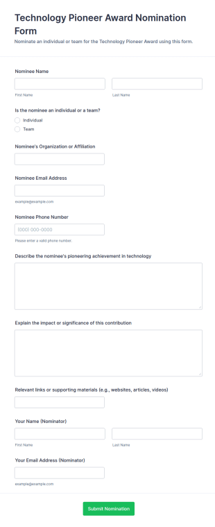 Technology Pioneer Award Nomination Form Template