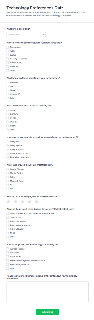Technology Preferences Quiz Form Template