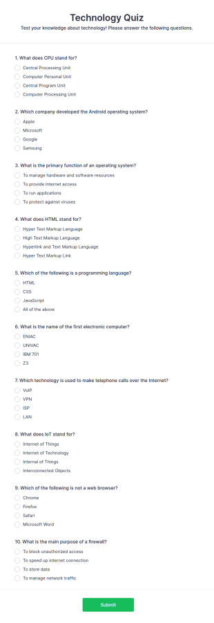 Technology Quiz Form Template