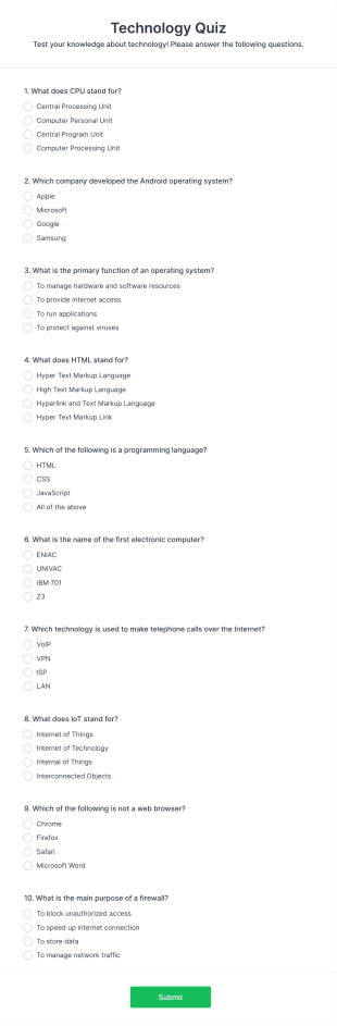 Technology Quiz Form Template