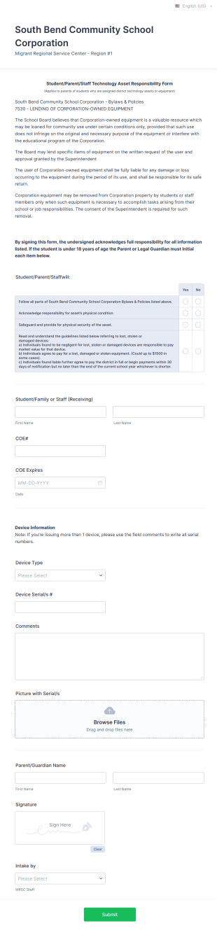 Technology Asset Responsibility Form Template