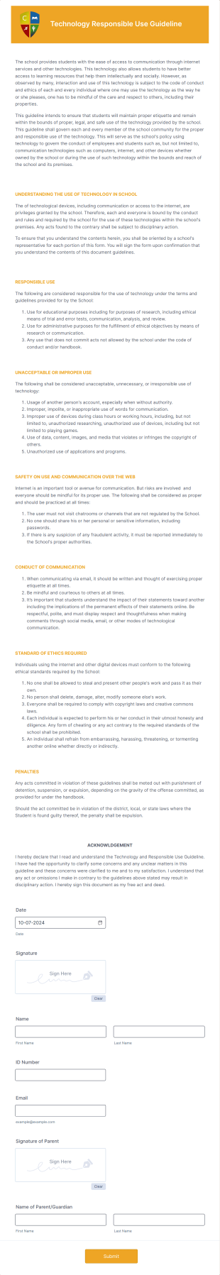 Technology Responsible Use Guideline Form Template