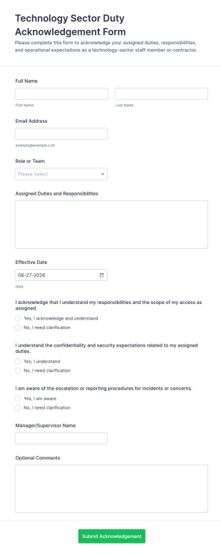 Technology Sector Duty Acknowledgement Form Template