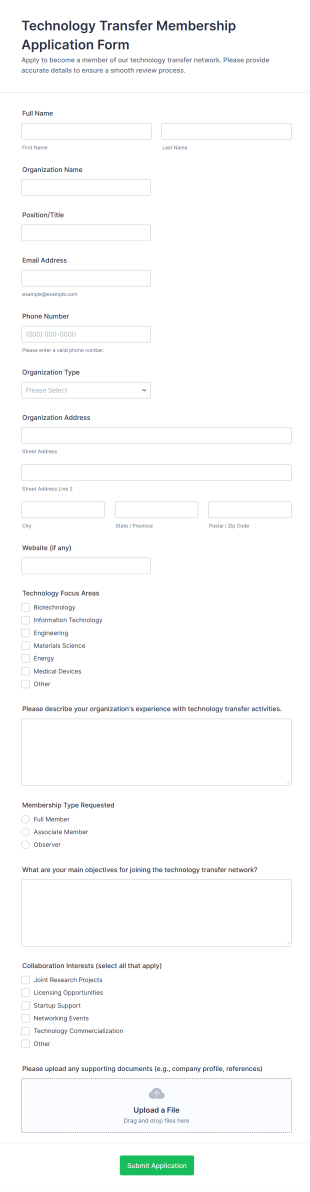 Technology Transfer Membership Application Form Template