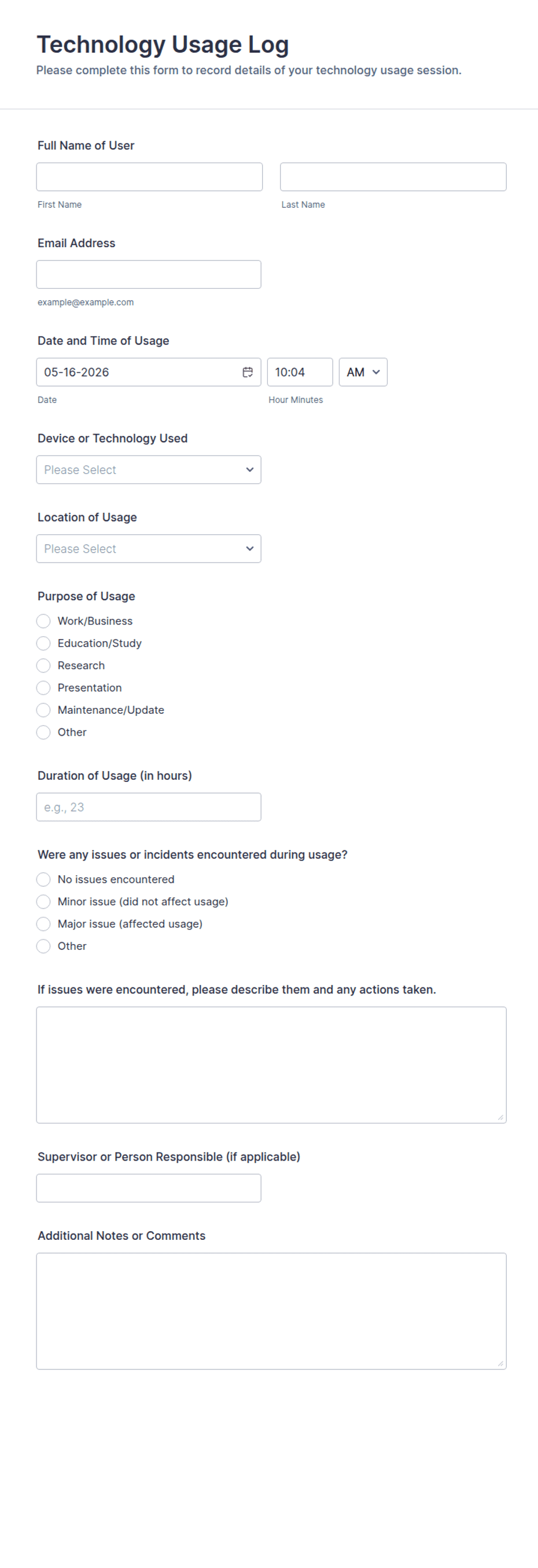 Technology Usage Log Form Template | Jotform