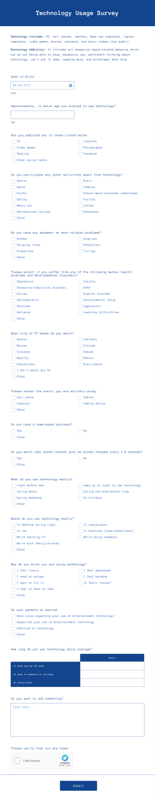 Technology Usage Survey Form Template