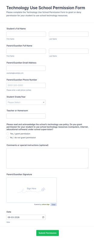 Technology Use School Permission Form Template