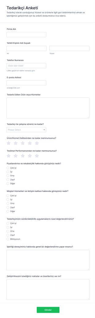 Tedarikçi Anketi Form Şablonu