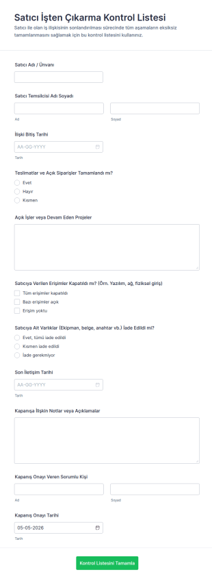 Tedarikçi Ayrışma Kontrol Listesi Form Şablonu