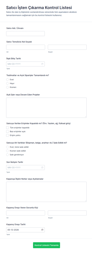 Tedarikçi Ayrışma Kontrol Listesi Form Şablonu