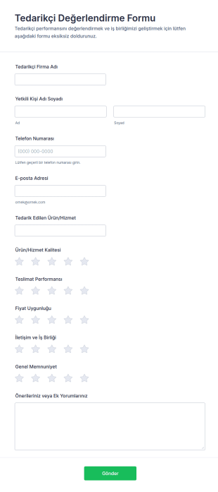 Tedarikçi Değerlendirme Anketi Form Şablonu