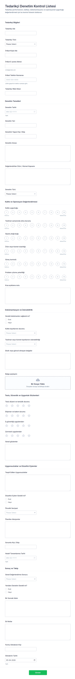 Tedarikçi Denetim Kontrol Listesi Form Şablonu