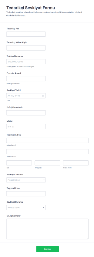 Tedarikçi Gönderim Form Şablonu