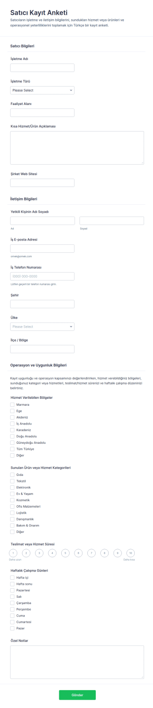 Tedarikçi Kayıt Anketi Form Şablonu