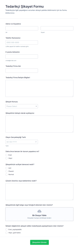 Tedarikçi Şikayet Form Şablonu