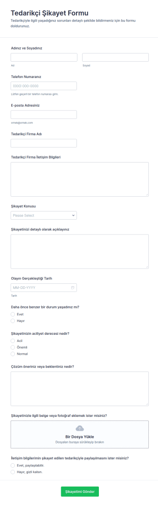 Tedarikçi Şikayet Form Şablonu