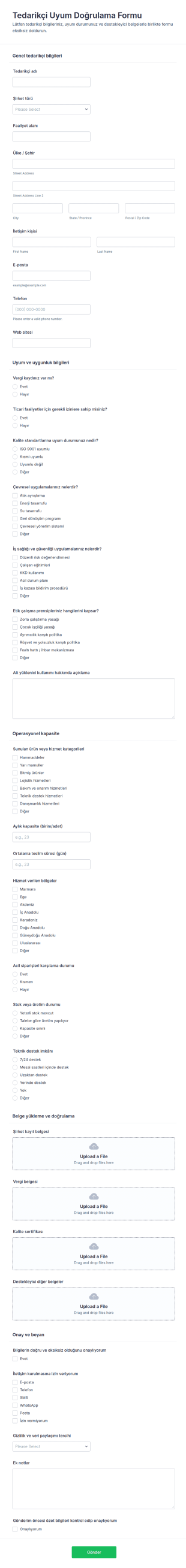 Tedarikçi Uyumluluk Kontrol Form Şablonu