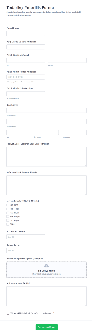 Tedarikçi Yeterlilik Form Şablonu