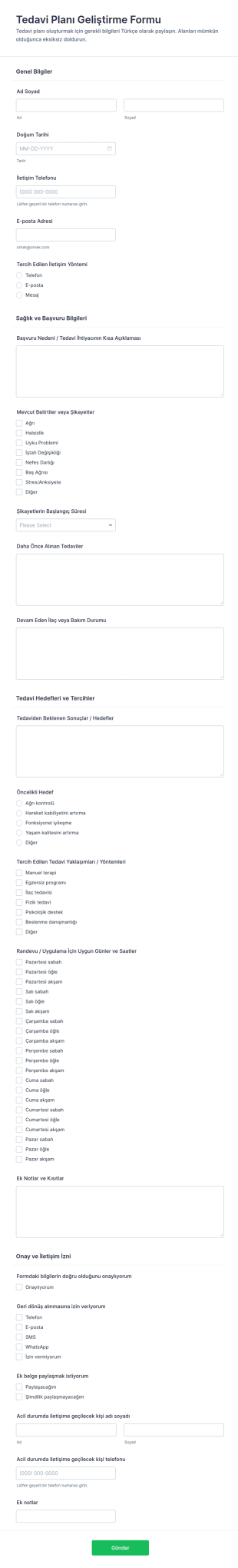 Tedavi Planı Geliştirme Anketi Form Şablonu