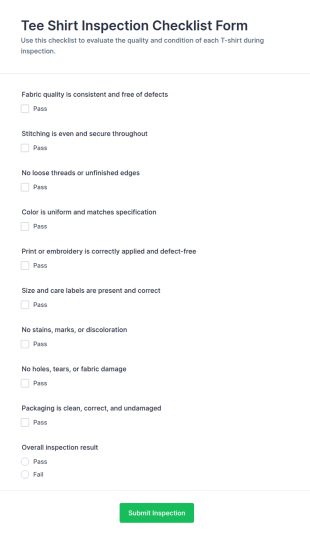 Tee Shirt Inspection Checklist Form Template