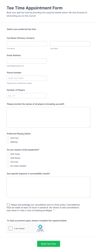 Tee Time Appointment Form Template