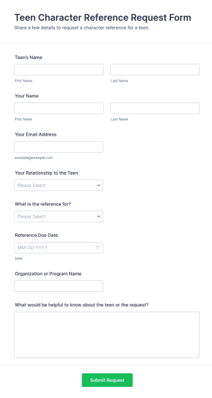 Teen Character Reference Request Form Template