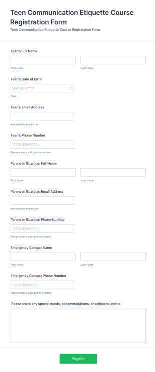 Teen Communication Etiquette Course Registration Form Template