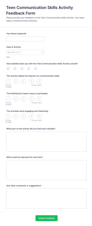 Teen Communication Skills Activity Feedback Form Template