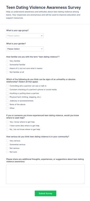 Teen Dating Violence Awareness Survey Form Template