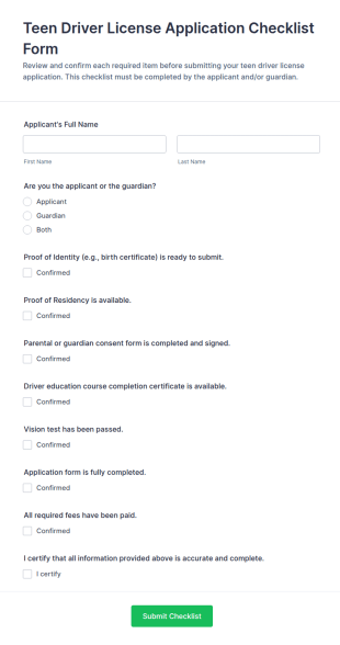 Teen Driver License Application Checklist Form Template