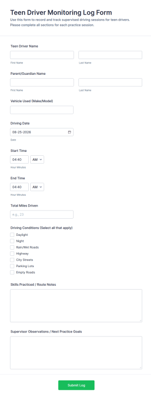 Teen Driver Monitoring Log Form Template
